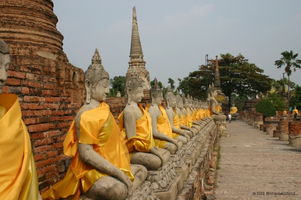 Buddha images lining the courtyard