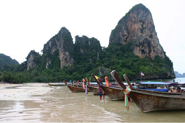 Boats on the sand of West Railay Beach